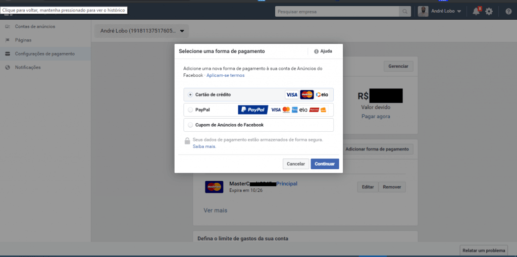 Facebook - Formas de pagamento