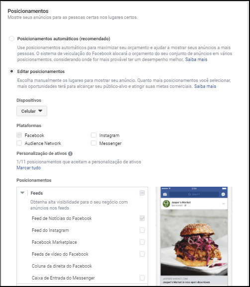 Facebook - Conjunto de anúncios - Posicionamento