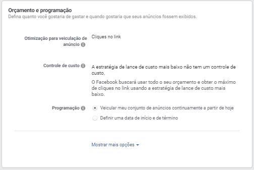 Facebook - Conjunto de anúncios - Programação