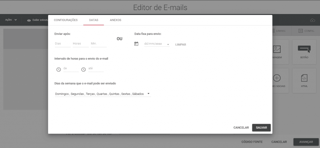 Leadlovers - Editor de email - Configurações - Data de envio